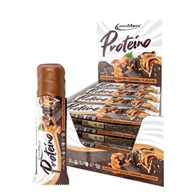 Abbildung von IronMaxx Proteino Proteinriegel Chocolate Salted Caramel 12 x 30g High Protein Bar auf Waffelbasis mit cremiger Füllung zuckerreduzierter Eiweißriegel glutenfrei und palmölfrei
