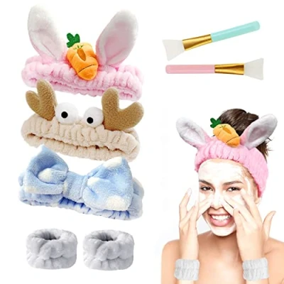 Abbildung von 3 Stück Plüsch Haarband, mit 1 Paar Armbändern und 2 Silikon Maskenpinseln, elastischem weichem korallenrotem Fleece Stirnband, Make up Stirnband
