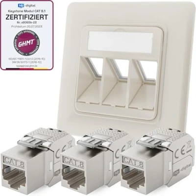 Abbildung von hb digital 3 Port CAT 8 Netzwerkdose unterputz RAL9010 + 3X GHMT zertifiziertes Keystone RJ45 Modul LAN Ethernet Dose Buchse Einbaubuchse max. 40 Gbit/s STP Reinweiß