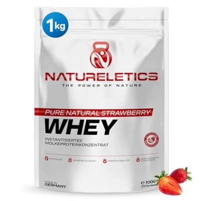 Abbildung von NATURELETICS ERDBEERE 1kg Natürliches Premium Whey Protein aus Deutschland ohne Zusatz von Zucker, Süßstoffe, Aspartam &amp; Sucralose kohlenhydratarm 22,6 % BCAA reines Eiweißpulver
