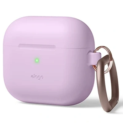 Abbildung von elago Silikon Hülle mit Karabiner Kompatibel AirPods 3 Case Cover Hochwertiges Silikon, Unterstützt Kabelloses Laden, Stoßfester Schutz, Rundumschutz (Lavendel)