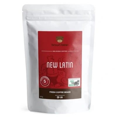 Abbildung von Brown Bear New Latin Kaffee koffeinhaltiger Espresso, dunkle Röstung, ganze Bohnen 100 % Arabicabohnen Schokokeks &amp; Butter Aroma Stärke 5 Perfekt für Kaffeevollautomaten 227 g Packung