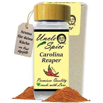 Abbildung von UNCLE SPICE® Carolina Reaper Pulver 50g schärfste Chili der Welt fein gemahlen im edlen Gewürzglas GRINGO KILLER Chilischoten in Pulver, Chilipulver Streuer 1.5 Mio Scoville EXTREM SCHARF