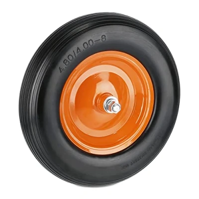 Abbildung von Relaxdays Schubkarrenrad 4.80 4.00 8, Vollgummi, Stahlfelge, Achse, Ersatzrad Schubkarre, pannensicher, schwarz/orange
