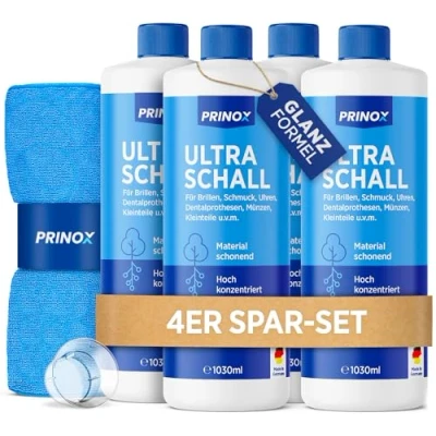 Abbildung von PRINOX® Ultraschallreiniger Konzentrat 4x 1030ml inkl. 2x Mikrofasertuch I Extrem ergiebig Für 700 Bäder je Flasche Brille, Schmuck, Gebiss, Kleinteile Ultraschallgeräte, Ultraschallbad