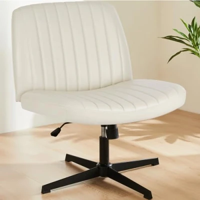 Abbildung von Sweetcrispy Bürostuhl Ohne Armlehnen, Schreibtischstuhl mit PU Leder, Lesesessel Breiterem Polster zum Sitzen im Schneidersitz Stuhl, Höhenverstellbar, 360 Drehstuhl für Haus, Beige, Beige