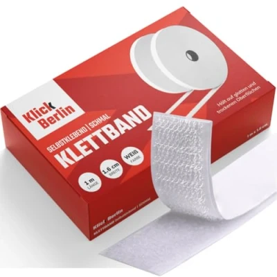 Abbildung von Klick Berlin Klettband selbstklebend Schmal 1,6 cm x 1 m Klett Klebeband klebt auf vielen Flächen Klettverschluss 16 mm breit, Meter lang Weiß