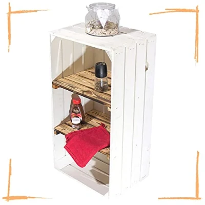 Abbildung von moooble 2er Set Weiße Regalkiste mit 2 geflammten Mittelbrettern 68cm x 40cm 31cm Zwischenbretter flambiert Obstkiste Weinkiste Klassisch Schuhregal Bücherregal Kistenregal Einlegeböden
