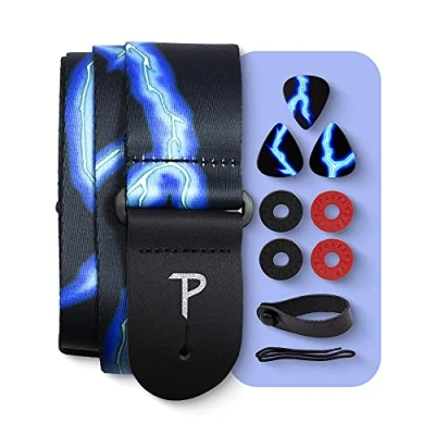 Abbildung von Perri&#039;s Leathers Ltd. Set Polyester Gitarrengurt Blaue Blitze BONUS 3 Plektren 0,71mm 1 Leder Akustik Adapter 4 Gurt &amp; Riemenverschlüsse (LPCP 46 PKG)
