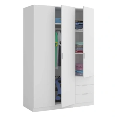 Abbildung von Kleiderschrank mit drei Türen und Schubladen Einlegeböden weißer Kleiderstange, Maße 121 x 180 52 cm