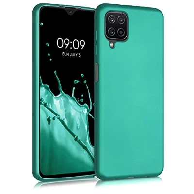 Abbildung von kwmobile Case kompatibel mit Samsung Galaxy A12 Hülle Schutzhülle aus Silikon metallisch schimmernd Handyhülle Metallic Türkis
