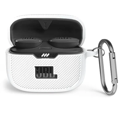 Abbildung von MOWYEOK Silikon Hülle kompatibel mit JBL Tune 130NC TWS, Tragbare Kratz und stoßfeste Silikonhülle, Front LED sichtbar, für TWS Gehäusezubehör, Karabiner Weiß