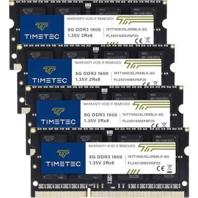 Abbildung von Timetec 32GB Kit (4x8GB) Hynix IC DDR3 1600MHz PC3 12800 Unbuffered Non ECC 1,35V/1,5V CL11 2Rx8 Dual Rank 204 Pin SODIMM Laptop/Notizbuch Arbeitsspeicher Module Upgrade