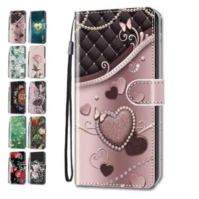 Abbildung von Handyhülle für Huawei P30 Lite Hülle Muster Lederhülle Klapphülle Tasche Flip Case Cover Schutzhülle mit Kartenfach Handytasche Schwarz rosa Herzen
