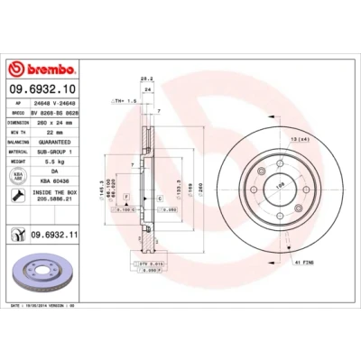 Abbildung von BREMBO COATED DISC LINE 09.6932.11 Bremsscheibe 260 24 4 innenbelüftet beschichtet mit Schrauben PEUGEOT: 406 Kombi, Limousine
