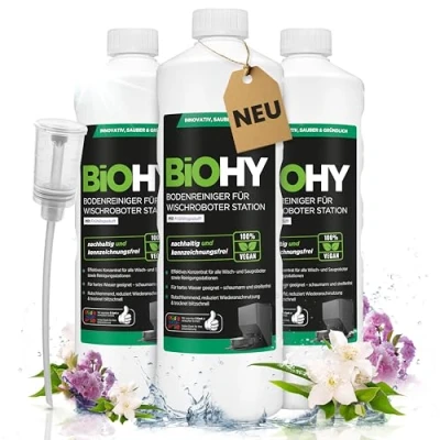 Abbildung von BiOHY Bodenreiniger für Wischroboter Station mit Frühlingsduft (3 x 1 Liter) + Dosierer Reinigungsmittel Konzentrat alle Wisch &amp; Saugroboter Nass Funktion Schaumarm Streifenfrei