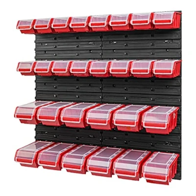 Abbildung von PAFEN Stapelbox Wandregal 772 x 780 mm Lagersystem 28 Stück Boxen mit Deckel Lagerregal Sichtlagerkästen Schüttenregal, Rot