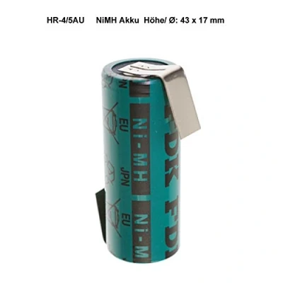 Abbildung von Sanyo HR 4/5AU NiMH Akku 2150mAh 4/5A, 43x17mm mit Lötfahne in Z Form