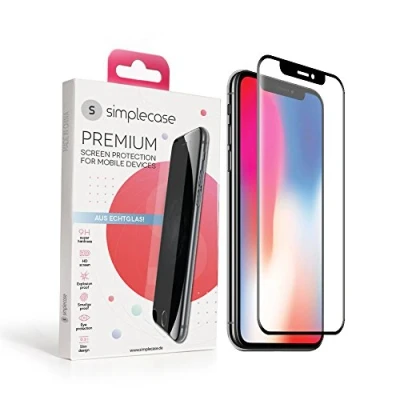 Abbildung von Simplecase Panzerglas passend zu Apple Iphone X , FULL SCREEN Premium Displayschutz 100% Abdeckung Optimaler Schutz Extra Härtegrad 9H Schwarz 1 Stück