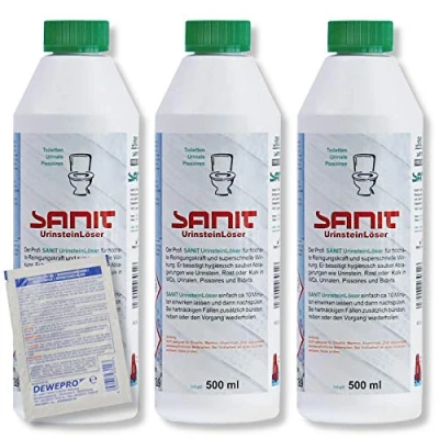 Abbildung von DEWEPRO Set: SANIT Urinsteinlöser 3031 3 Flaschen à 500ml der Profi WC Reiniger höchste Reinigungskraft extra stark, inkl. 1 St. DEWEPRO® Single Scrubs