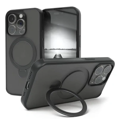 Abbildung von EAZY CASE MagSafe Handyhülle für iPhone 15 Pro kompatibel mit Hülle Ständer 360 Ring &amp; Magnetfunktion zum Aufstellen stoßfest Cover in Schwarz
