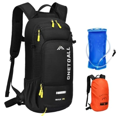 Abbildung von ONETOALL Fahrradrucksack klein mit Regenschutz und Helmnetz, MTB Rucksack 10L für Damen Herren, Skirucksack, Bike Rucksack, Laufrucksack wasserdicht zum Radfahrren Wandern Skifahren Outdoorsports