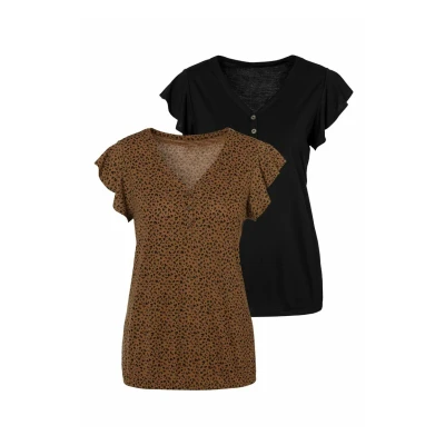 Abbildung von Lascana 2 PACK Tshirt print, Damen, Größe: 32/34, Braun+schwarz