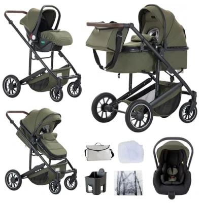 Abbildung von Lnhcrbs Kinderwagen 3 in 1,Grün Baby Born Und Autositz Set, Buggy Stroller mit Verstellbarem Griff, Schlafkorb&amp;Tragetasche Fußabdeckung, Baumwollpolster,Moskitonetz, Regenschutz