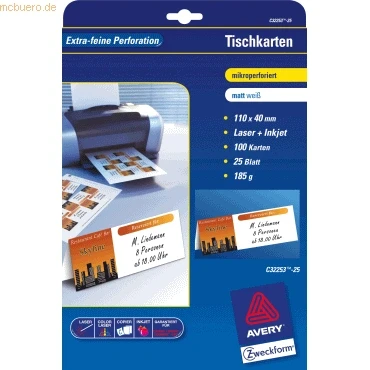 Abbildung von Avery Zweckform Tischkarten 110x40 mm 185 g/qm beschichtet matt 100 St