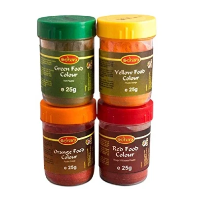 Abbildung von 4 x 25g SET Lebensmittelfarbe Pamai Pai® ROT GRÜN GELB ORANGE Pulver Lebensmittel Farbe