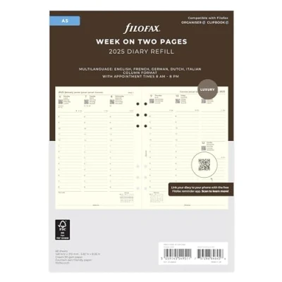 Abbildung von Filofax A5 Woche auf zwei Seiten, Spaltenformat, 5 sprachig, 2025, Baumwollcreme