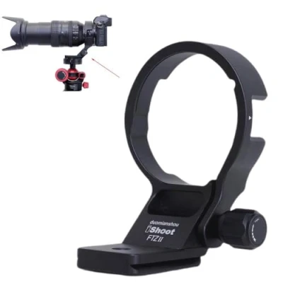 Abbildung von iShoot CNC Objektivkragen Stativ Mount Ring kompatibel mit Nikon FTZII Adapter Bajonettkonverter, Objektivstützhalterung unten ist Arca Swiss Fit Schnellwechselplatte Schwalbenschwanznut