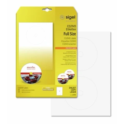 Abbildung von SIGEL LA505 CD /DVD Etiketten selbstklebend, bedruckbar, weiß, blickdicht, 50 = 25 Blatt, mit Zentrierhilfe, FullSize 17 mm Innenloch