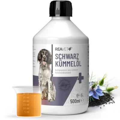 Abbildung von ReaVET Schwarzkümmelöl 500ml für Hunde &amp; Pferde Kaltgepresst aus echtem Schwarzkümmel I Nigella Sativa Barf Zusatz Hund, Kümmel Öl Reich an Omega 6 9 Fettsäuren Fell Haut