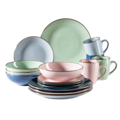 Abbildung von MÄSER 931870 Metallic Rim, Modernes Geschirr Set für 4 Personen mit messingfarbenem Rand, 16 teiliges Kombiservice randlosen Coupe Formen, bunt, Steinzeug, pastell&#039;n&#039;blue