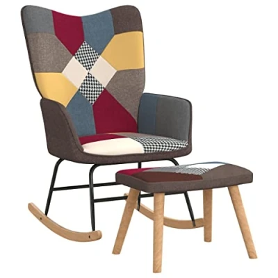 Abbildung von vidaXL Schaukelstuhl mit Hocker, Sessel Schwingstuhl Armlehne, Schaukelsessel Relaxstuhl Stahlgestell, Relaxsessel Schwingsessel Wohnzimmer, Patchwork Stoff