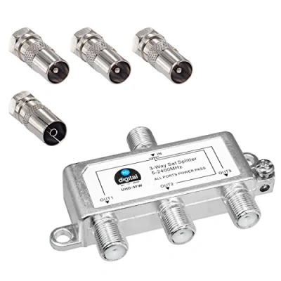 Abbildung von HB digital SAT BK UKW Verteiler 3 Fach Splitter (3 Wege) 5 2400 MHz &amp; analog tauglich voll geschirmt DVB S S2 Kabelfernsehen C inkl. Antennen und Kabel IEC Adapter