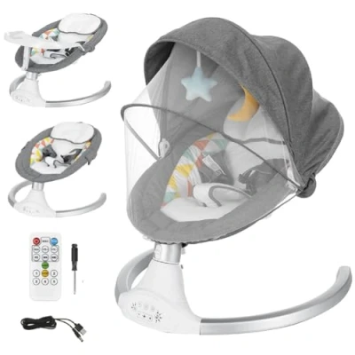 Abbildung von Bioby Babywippe Elektrisch, Baby Schaukel Elektronisch mit Abnehmbarer Esstisch, Verstellbare Rückenlehne, Lautsprecher, Timer, 3 Punkt Gurt, 5 Schaukelgeschwindigkeiten, für Babys unter 9 kg