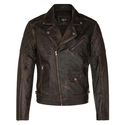 Abbildung von Infinity Leather Herren Kreuz Schwarz Reißverschluss Leder Retro gesteppte Biker Jacke