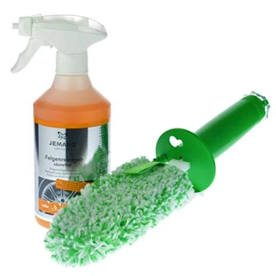 Abbildung von Jemako Felgenreiniger Set,CleanStick Plus 15 cm, grüne Faser,Felgenreiniger, 500 ml Nachkaufflasche,Schaumpumpe für Flasche, weiß,Klickbox (20 x 20 8 cm), leer