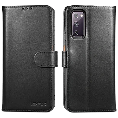 Abbildung von LENSUN Echtleder Hülle für Samsung Galaxy S20 FE 4G/5G, Handyhülle [Echtes Leder] [Magnetverschluss] [RFID] Handytasche Lederhülle 2022 Schwarz