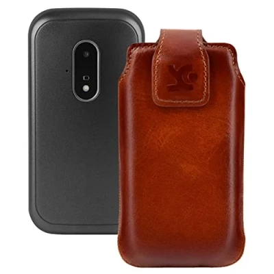 Abbildung von Suncase Original Tasche kompatibel mit Panasonic KX TU446 EXG Hülle Leder Etui Handytasche Ledertasche Schutzhülle Case in Burned Cognac