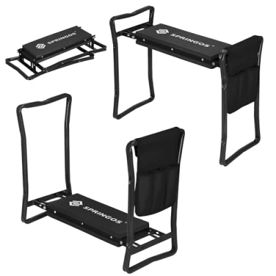 Abbildung von SPRINGOS Gartenhocker klappbar 3 in 1 Kniebank &amp; Sitzhocker mit Werkzeugtasche Ergonomische Sitz Kniestütze für Gartenarbeit Stabil wetterfest Schwarz