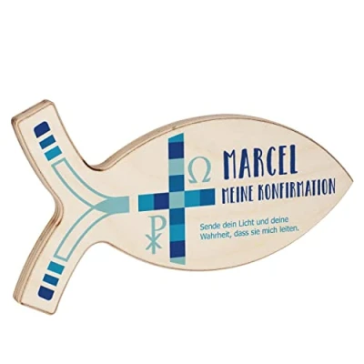 Abbildung von Striefchen® Personalisierter Deko Fisch aus Holz für Taufe, Kommunion und andere Anlässe 19,5 cm x 11 1 (B/H/T) Konfirmation Blau