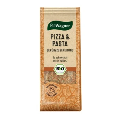 Abbildung von BioWagner Bio Pizza &amp; Pasta Gewürzzubereitung naturbelassene Zutaten recyclebare Verpackung 60 g