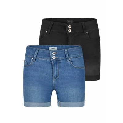 Abbildung von ONLY Jeans Shorts Damen Stretch Kurz Skinny Fit Mid Waist ONLCARMEN 2er Pack Kurze Hose Sommer Basic Denim, Größe:M, Farbe:Light Blue/Washed Black (15357005)