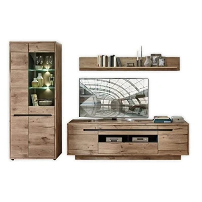 Abbildung von Stella Trading BELLANO Wohnwand Komplett Set in Viking Eiche Optik, Graphit Moderne Schrankwand mit LED Beleuchtung für Ihr Wohnzimmer 299 x 202 44 cm (B/H/T)