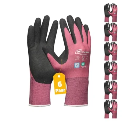 Abbildung von Gebol Master Flex Lady Arbeitshandschuhe mit PPU Nitril Beschichtung Nitrilhandschuhe dermatologisch getestet Gartenhandschuhe Grip für Damen Größe M (Gr 8) Rosa 6 Paar Multipack