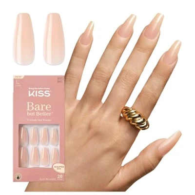 Abbildung von KISS Bare but Better Glue On Nails, künstliche Fingernägel, Glossy Beige Nude, lange Länge, Coffin Form
