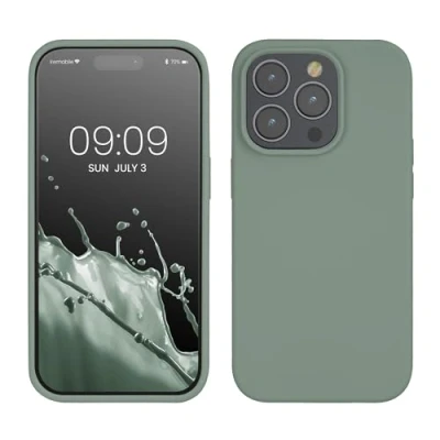 Abbildung von kwmobile Hülle für das iPhone 14 Pro dünnes Silikon Handy Case stoßfeste Handyhülle mit weicher Oberfläche unterstützt kabelloses Laden Rainwashed Grün